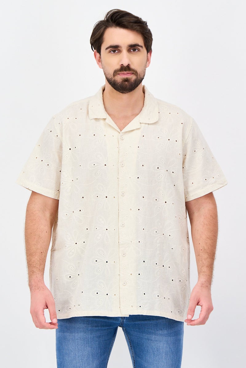 Threadbare Men Regular Fit Short Sleeve Eyelet Casual Shirt, Beige - Image 1